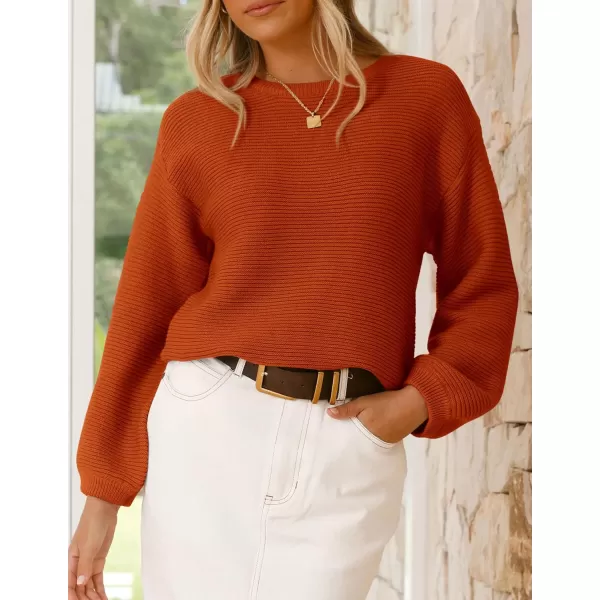 imagePRETTYGARDEN Womens Fall Sweaters 2024 Casual Loose Crewneck Ribbed Long Sleeve Top Knit Pullover SweaterRust Red