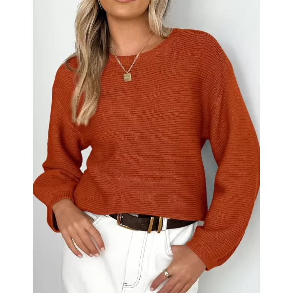 imagePRETTYGARDEN Womens Fall Sweaters 2024 Casual Loose Crewneck Ribbed Long Sleeve Top Knit Pullover SweaterRust Red