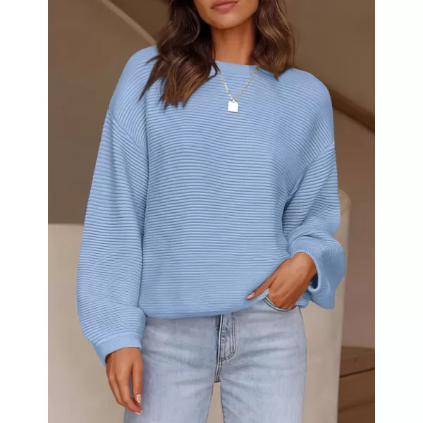 imagePRETTYGARDEN Womens Fall Sweaters 2024 Casual Loose Crewneck Ribbed Long Sleeve Top Knit Pullover SweaterSky Blue
