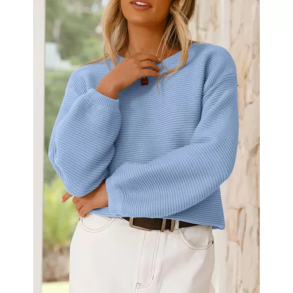 imagePRETTYGARDEN Womens Fall Sweaters 2024 Casual Loose Crewneck Ribbed Long Sleeve Top Knit Pullover SweaterSky Blue