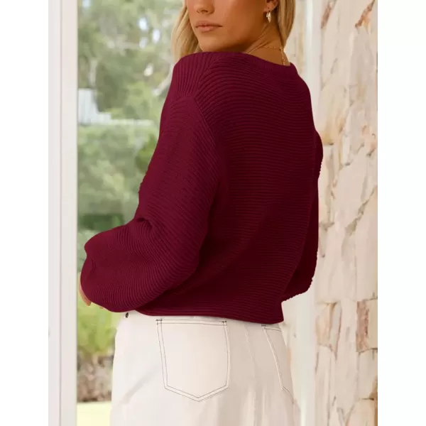 imagePRETTYGARDEN Womens Fall Sweaters 2024 Casual Loose Crewneck Ribbed Long Sleeve Top Knit Pullover SweaterWine Red