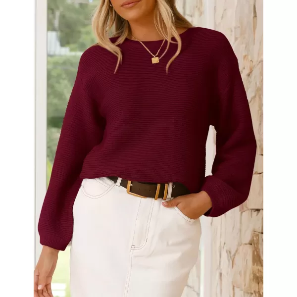 imagePRETTYGARDEN Womens Fall Sweaters 2024 Casual Loose Crewneck Ribbed Long Sleeve Top Knit Pullover SweaterWine Red