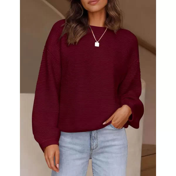 imagePRETTYGARDEN Womens Fall Sweaters 2024 Casual Loose Crewneck Ribbed Long Sleeve Top Knit Pullover SweaterWine Red