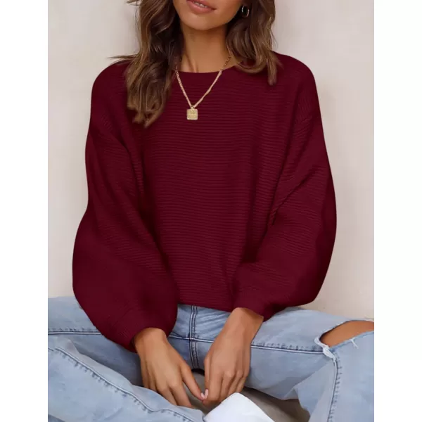 imagePRETTYGARDEN Womens Fall Sweaters 2024 Casual Loose Crewneck Ribbed Long Sleeve Top Knit Pullover SweaterWine Red
