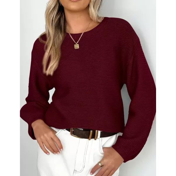 imagePRETTYGARDEN Womens Fall Sweaters 2024 Casual Loose Crewneck Ribbed Long Sleeve Top Knit Pullover SweaterWine Red
