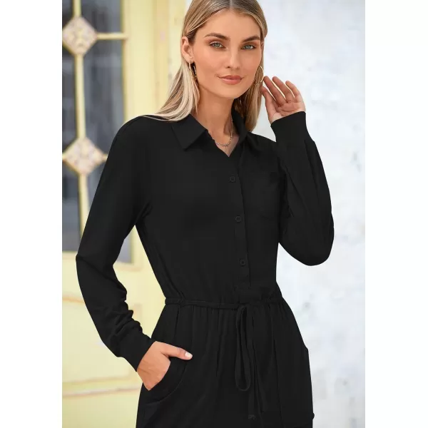 imagePRETTYGARDEN Womens Jumpsuits Fall Long Sleeve Rompers One Piece Outfits For Women 2024 Button up Lounge WearBlack