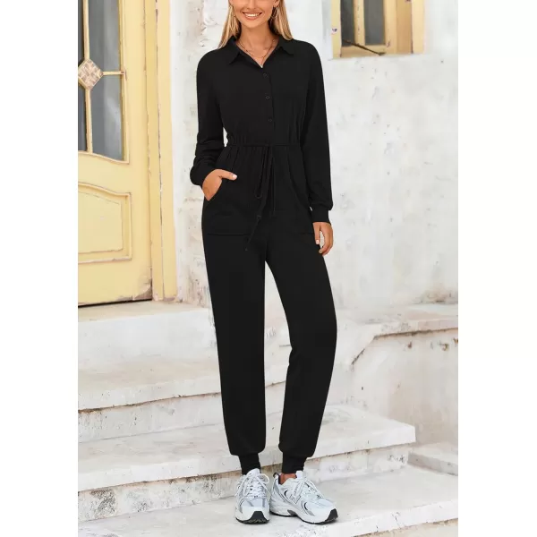 imagePRETTYGARDEN Womens Jumpsuits Fall Long Sleeve Rompers One Piece Outfits For Women 2024 Button up Lounge WearBlack