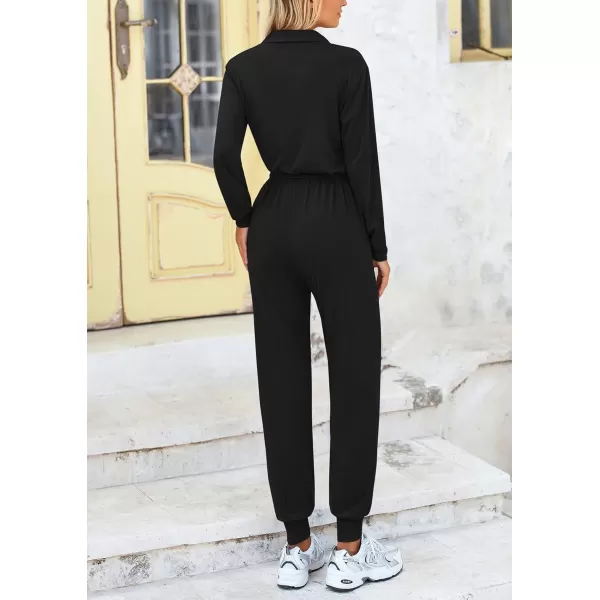 imagePRETTYGARDEN Womens Jumpsuits Fall Long Sleeve Rompers One Piece Outfits For Women 2024 Button up Lounge WearBlack