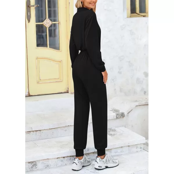imagePRETTYGARDEN Womens Jumpsuits Fall Long Sleeve Rompers One Piece Outfits For Women 2024 Button up Lounge WearBlack