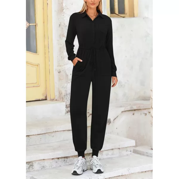 imagePRETTYGARDEN Womens Jumpsuits Fall Long Sleeve Rompers One Piece Outfits For Women 2024 Button up Lounge WearBlack