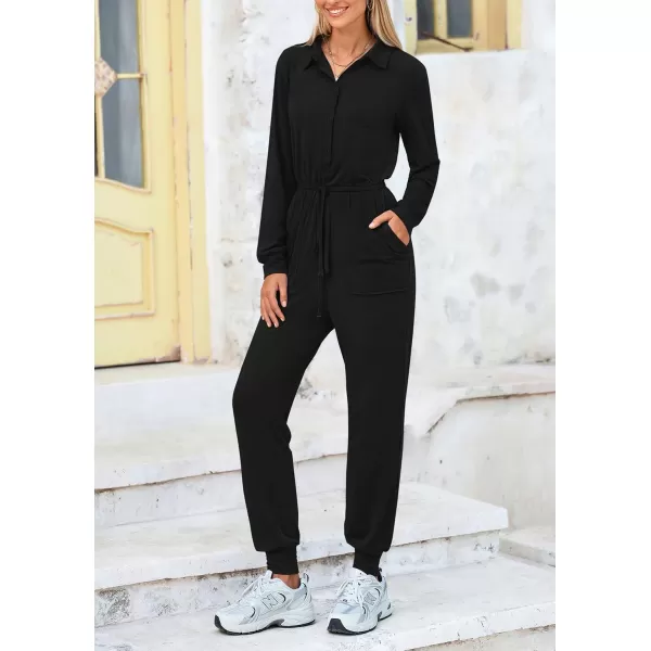 imagePRETTYGARDEN Womens Jumpsuits Fall Long Sleeve Rompers One Piece Outfits For Women 2024 Button up Lounge WearBlack