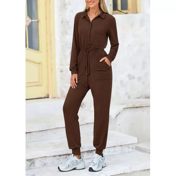 imagePRETTYGARDEN Womens Jumpsuits Fall Long Sleeve Rompers One Piece Outfits For Women 2024 Button up Lounge WearCoffee