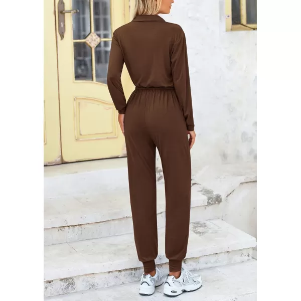 imagePRETTYGARDEN Womens Jumpsuits Fall Long Sleeve Rompers One Piece Outfits For Women 2024 Button up Lounge WearCoffee