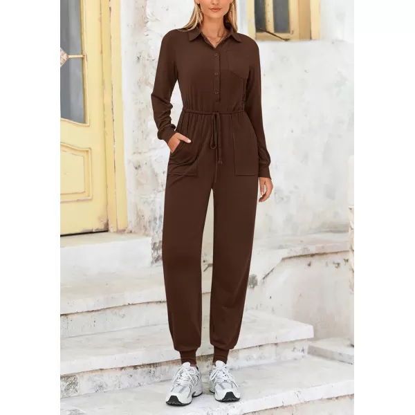 imagePRETTYGARDEN Womens Jumpsuits Fall Long Sleeve Rompers One Piece Outfits For Women 2024 Button up Lounge WearCoffee