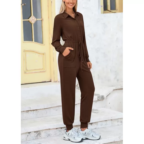 imagePRETTYGARDEN Womens Jumpsuits Fall Long Sleeve Rompers One Piece Outfits For Women 2024 Button up Lounge WearCoffee