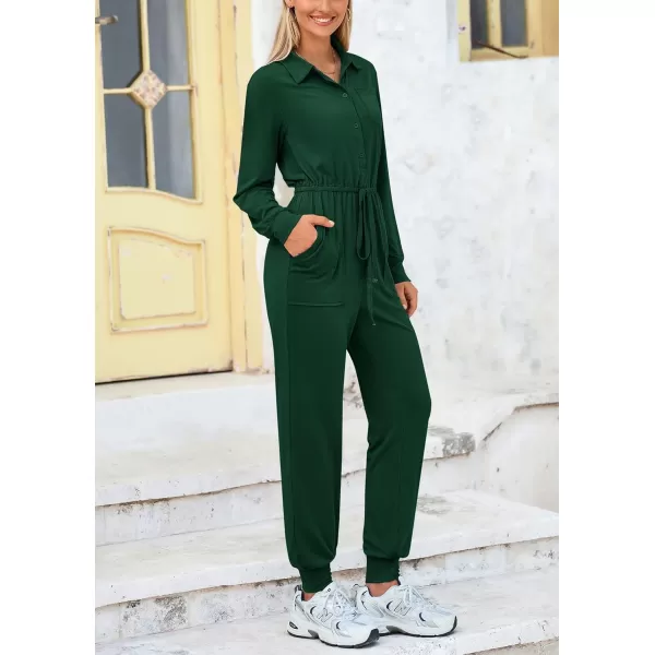 imagePRETTYGARDEN Womens Jumpsuits Fall Long Sleeve Rompers One Piece Outfits For Women 2024 Button up Lounge WearDark Green