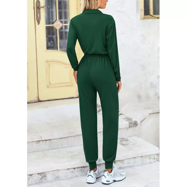 imagePRETTYGARDEN Womens Jumpsuits Fall Long Sleeve Rompers One Piece Outfits For Women 2024 Button up Lounge WearDark Green