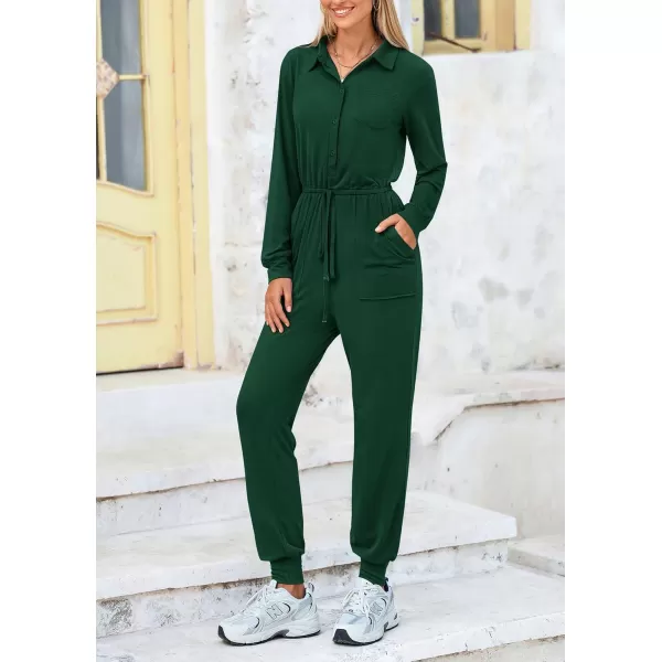 imagePRETTYGARDEN Womens Jumpsuits Fall Long Sleeve Rompers One Piece Outfits For Women 2024 Button up Lounge WearDark Green