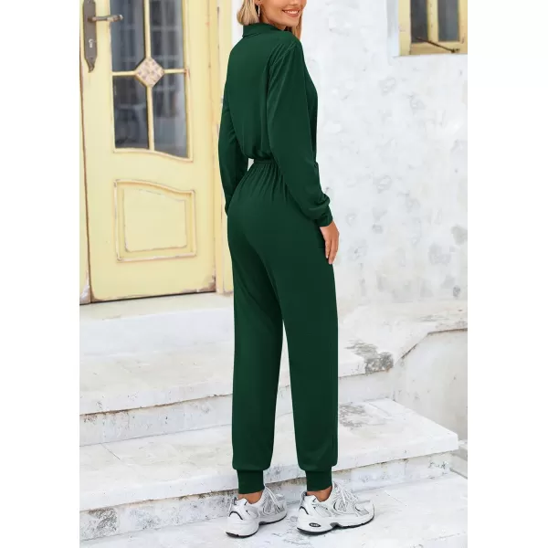 imagePRETTYGARDEN Womens Jumpsuits Fall Long Sleeve Rompers One Piece Outfits For Women 2024 Button up Lounge WearDark Green