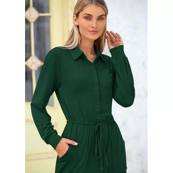 imagePRETTYGARDEN Womens Jumpsuits Fall Long Sleeve Rompers One Piece Outfits For Women 2024 Button up Lounge WearDark Green