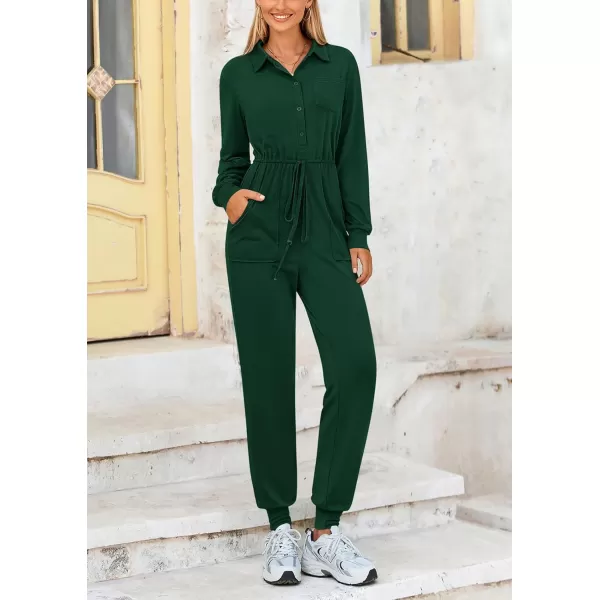 imagePRETTYGARDEN Womens Jumpsuits Fall Long Sleeve Rompers One Piece Outfits For Women 2024 Button up Lounge WearDark Green