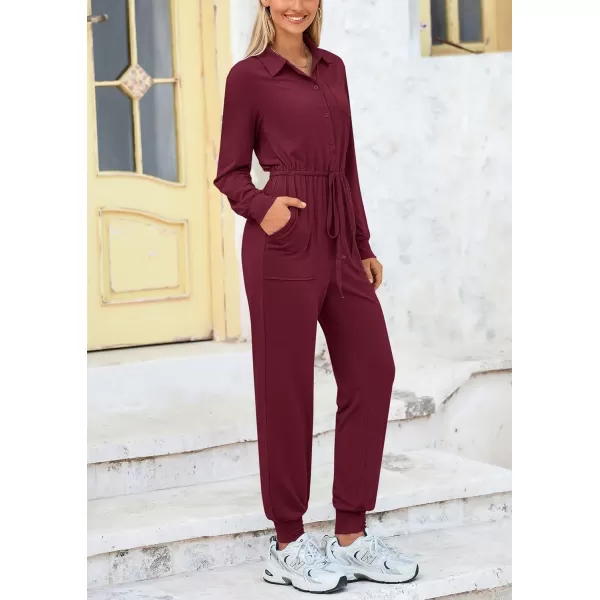 imagePRETTYGARDEN Womens Jumpsuits Fall Long Sleeve Rompers One Piece Outfits For Women 2024 Button up Lounge WearDark Wine Red