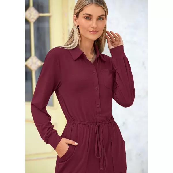 imagePRETTYGARDEN Womens Jumpsuits Fall Long Sleeve Rompers One Piece Outfits For Women 2024 Button up Lounge WearDark Wine Red