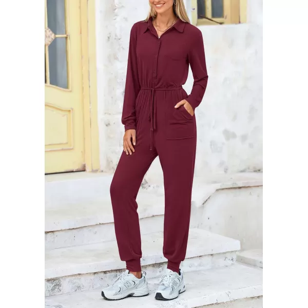 imagePRETTYGARDEN Womens Jumpsuits Fall Long Sleeve Rompers One Piece Outfits For Women 2024 Button up Lounge WearDark Wine Red