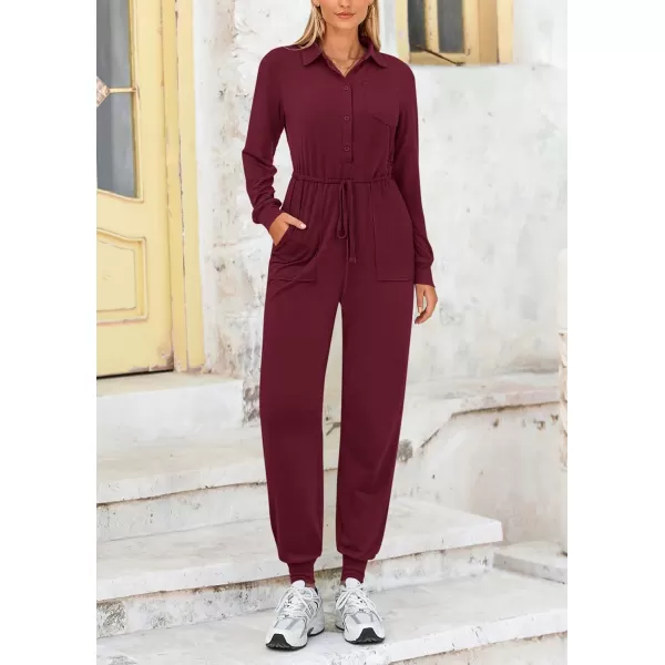 imagePRETTYGARDEN Womens Jumpsuits Fall Long Sleeve Rompers One Piece Outfits For Women 2024 Button up Lounge WearDark Wine Red