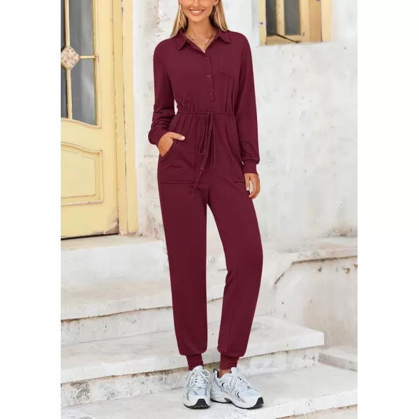 imagePRETTYGARDEN Womens Jumpsuits Fall Long Sleeve Rompers One Piece Outfits For Women 2024 Button up Lounge WearDark Wine Red