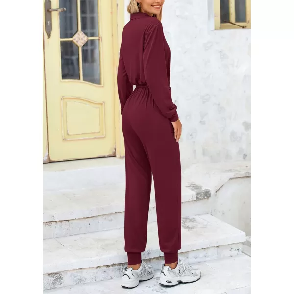 imagePRETTYGARDEN Womens Jumpsuits Fall Long Sleeve Rompers One Piece Outfits For Women 2024 Button up Lounge WearDark Wine Red
