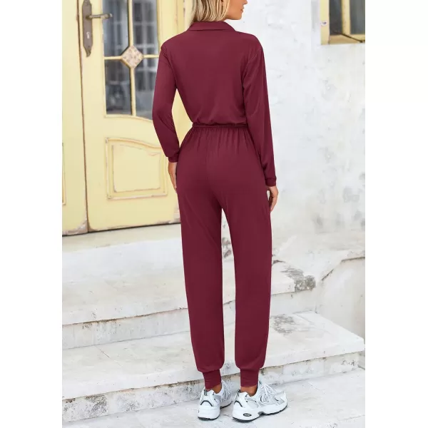 imagePRETTYGARDEN Womens Jumpsuits Fall Long Sleeve Rompers One Piece Outfits For Women 2024 Button up Lounge WearDark Wine Red
