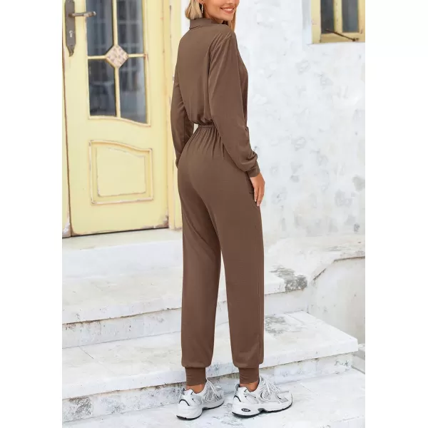 imagePRETTYGARDEN Womens Jumpsuits Fall Long Sleeve Rompers One Piece Outfits For Women 2024 Button up Lounge WearKhaki