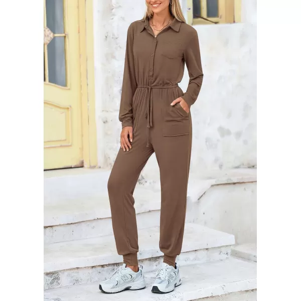 imagePRETTYGARDEN Womens Jumpsuits Fall Long Sleeve Rompers One Piece Outfits For Women 2024 Button up Lounge WearKhaki