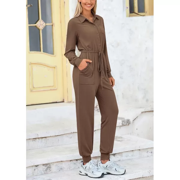 imagePRETTYGARDEN Womens Jumpsuits Fall Long Sleeve Rompers One Piece Outfits For Women 2024 Button up Lounge WearKhaki