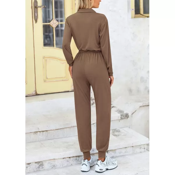imagePRETTYGARDEN Womens Jumpsuits Fall Long Sleeve Rompers One Piece Outfits For Women 2024 Button up Lounge WearKhaki