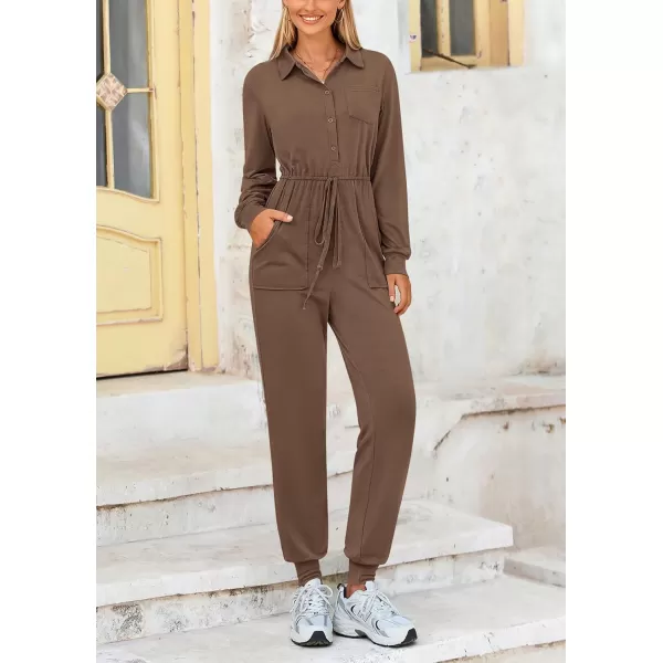 imagePRETTYGARDEN Womens Jumpsuits Fall Long Sleeve Rompers One Piece Outfits For Women 2024 Button up Lounge WearKhaki