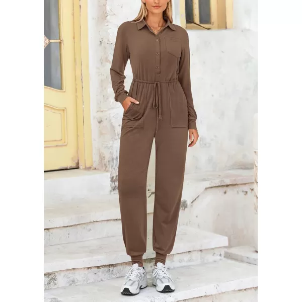 imagePRETTYGARDEN Womens Jumpsuits Fall Long Sleeve Rompers One Piece Outfits For Women 2024 Button up Lounge WearKhaki