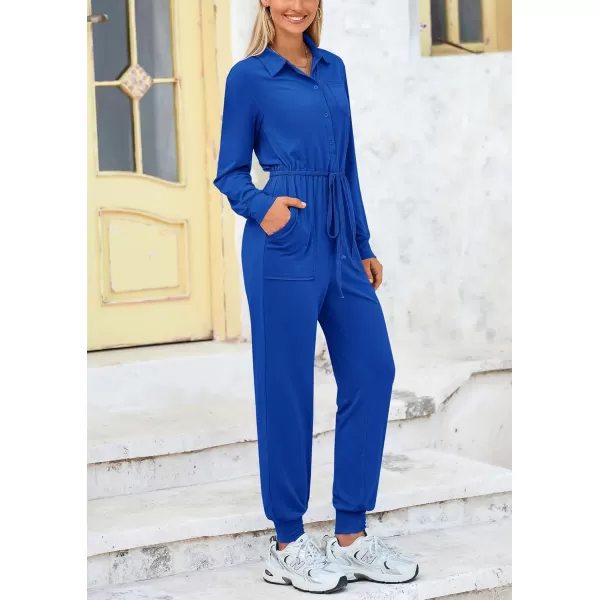 imagePRETTYGARDEN Womens Jumpsuits Fall Long Sleeve Rompers One Piece Outfits For Women 2024 Button up Lounge WearRoyal Blue