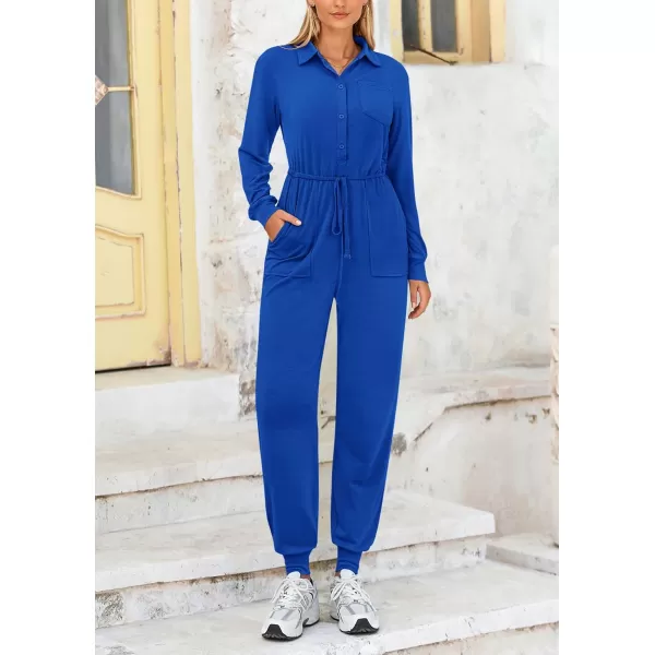 imagePRETTYGARDEN Womens Jumpsuits Fall Long Sleeve Rompers One Piece Outfits For Women 2024 Button up Lounge WearRoyal Blue