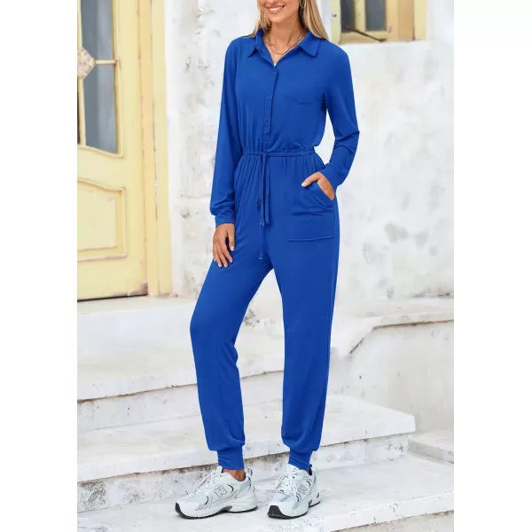 imagePRETTYGARDEN Womens Jumpsuits Fall Long Sleeve Rompers One Piece Outfits For Women 2024 Button up Lounge WearRoyal Blue