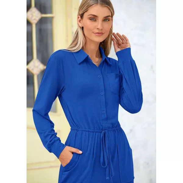 imagePRETTYGARDEN Womens Jumpsuits Fall Long Sleeve Rompers One Piece Outfits For Women 2024 Button up Lounge WearRoyal Blue