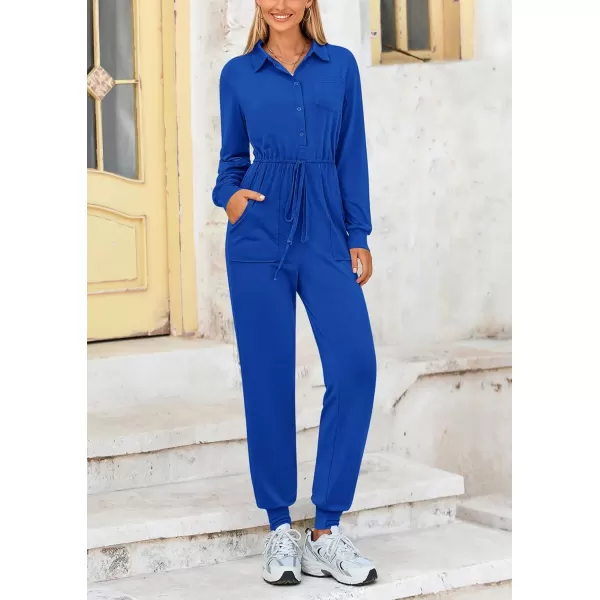 imagePRETTYGARDEN Womens Jumpsuits Fall Long Sleeve Rompers One Piece Outfits For Women 2024 Button up Lounge WearRoyal Blue