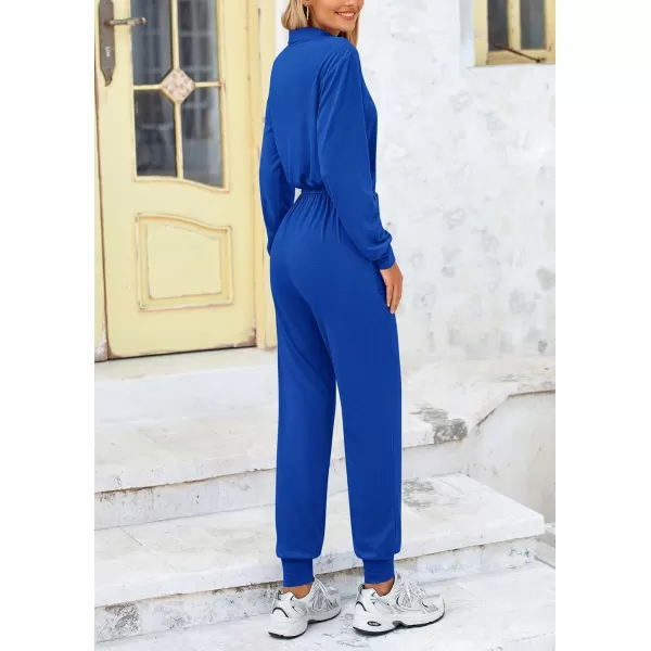 imagePRETTYGARDEN Womens Jumpsuits Fall Long Sleeve Rompers One Piece Outfits For Women 2024 Button up Lounge WearRoyal Blue