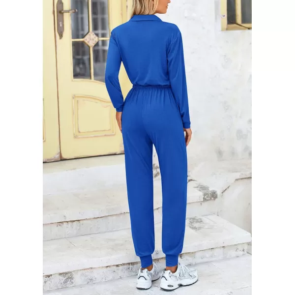 imagePRETTYGARDEN Womens Jumpsuits Fall Long Sleeve Rompers One Piece Outfits For Women 2024 Button up Lounge WearRoyal Blue