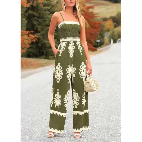 imagePRETTYGARDEN Womens Summer Boho Jumpsuits One Piece Beach Vacation Outfits Spaghetti Strap Wide Leg Pants RompersArmy Green