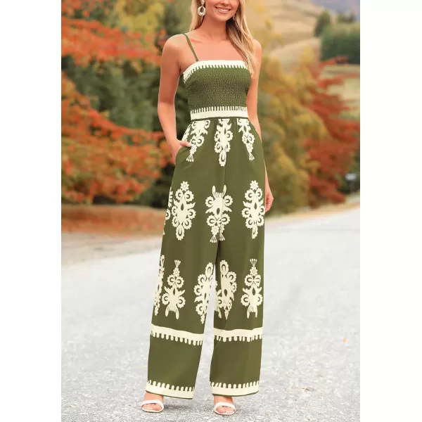 imagePRETTYGARDEN Womens Summer Boho Jumpsuits One Piece Beach Vacation Outfits Spaghetti Strap Wide Leg Pants RompersArmy Green