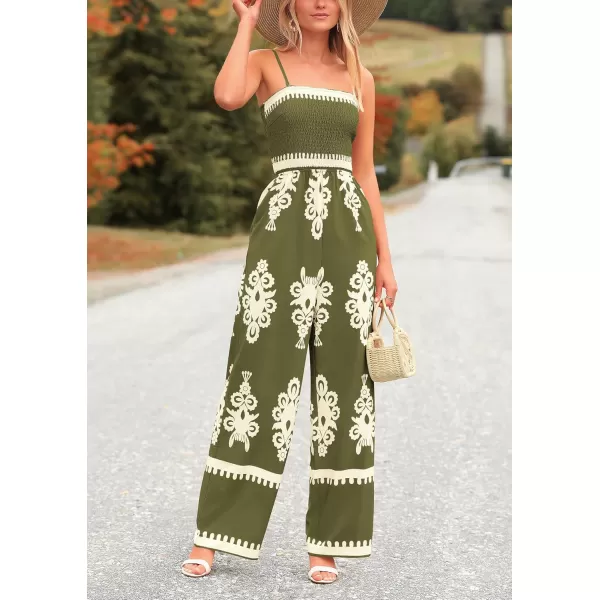 imagePRETTYGARDEN Womens Summer Boho Jumpsuits One Piece Beach Vacation Outfits Spaghetti Strap Wide Leg Pants RompersArmy Green