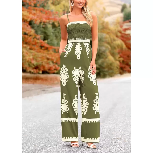 imagePRETTYGARDEN Womens Summer Boho Jumpsuits One Piece Beach Vacation Outfits Spaghetti Strap Wide Leg Pants RompersArmy Green