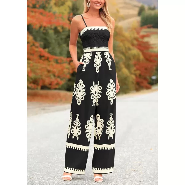 imagePRETTYGARDEN Womens Summer Boho Jumpsuits One Piece Beach Vacation Outfits Spaghetti Strap Wide Leg Pants RompersBlack